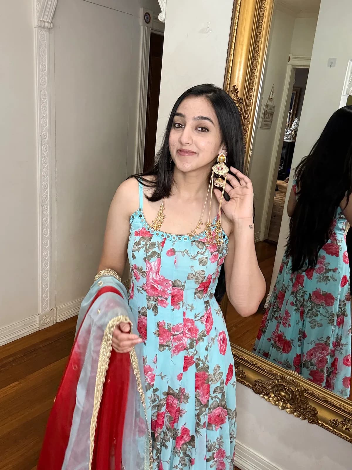 Light Blue Floral-Print Anarkali with Mirror-Work Neckline front view on model