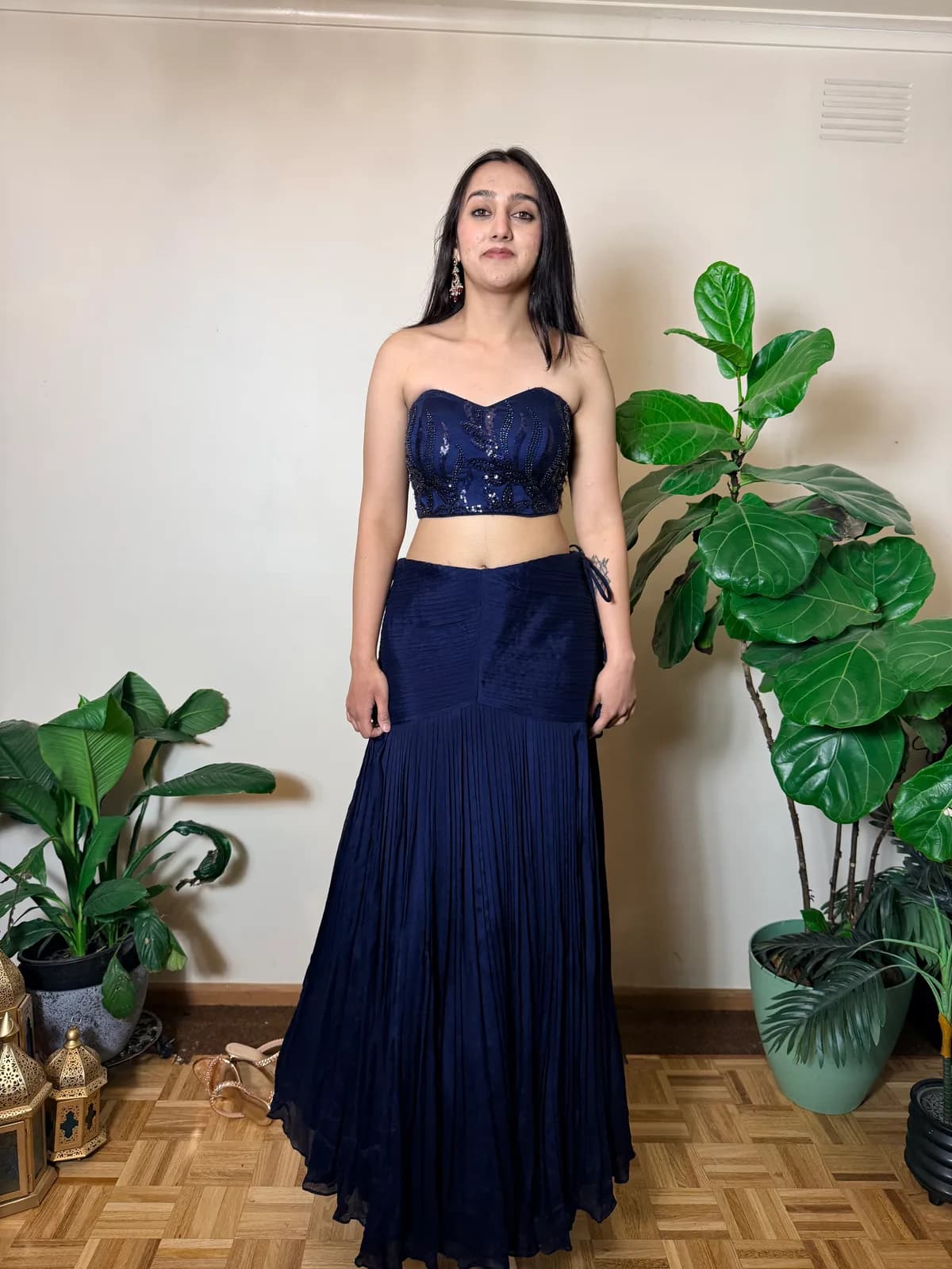 Navy Blue Fish-Cut Lehenga with Beaded Tube Blouse front view on model