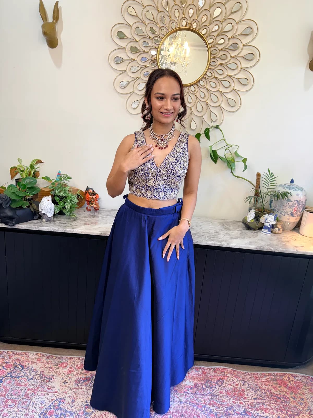 Royal Blue Embroidered Lace Choli with Tafta Silk Skirt front view on model