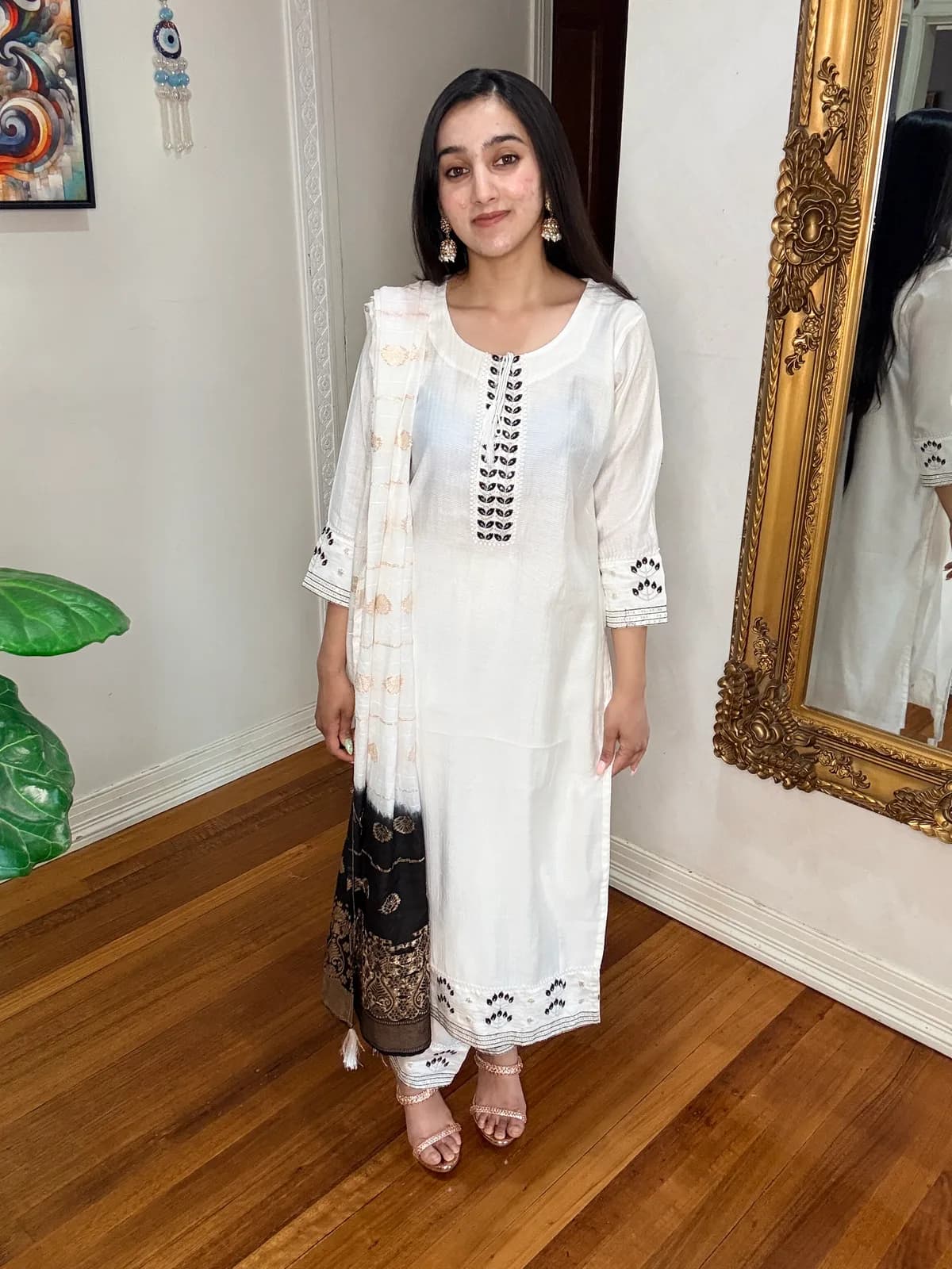 Ivory Cotton Silk Suit with Black Embroidered Placket front view on model