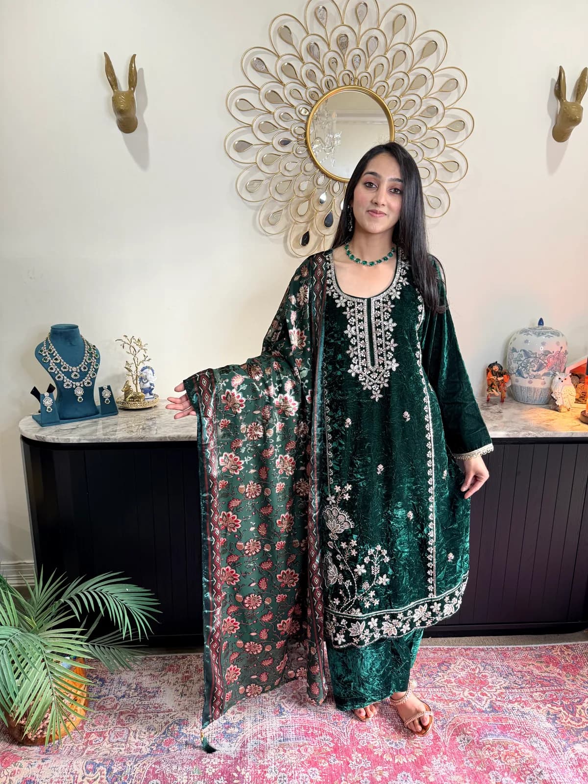 Bottle Green Velvet Suit with Bead-Work Embroidery and Digital Dupatta front view on model