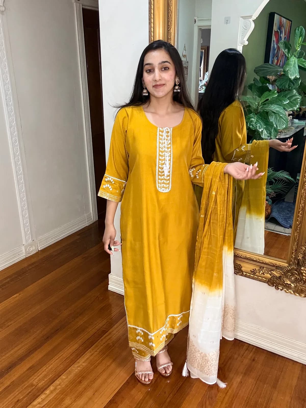 Mustard Cotton Suit with White Embroidered Placket front view on model