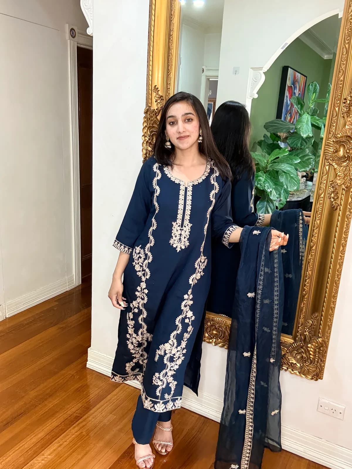 Navy Cotton Silk Suit with White Floral Embroidery front view on model