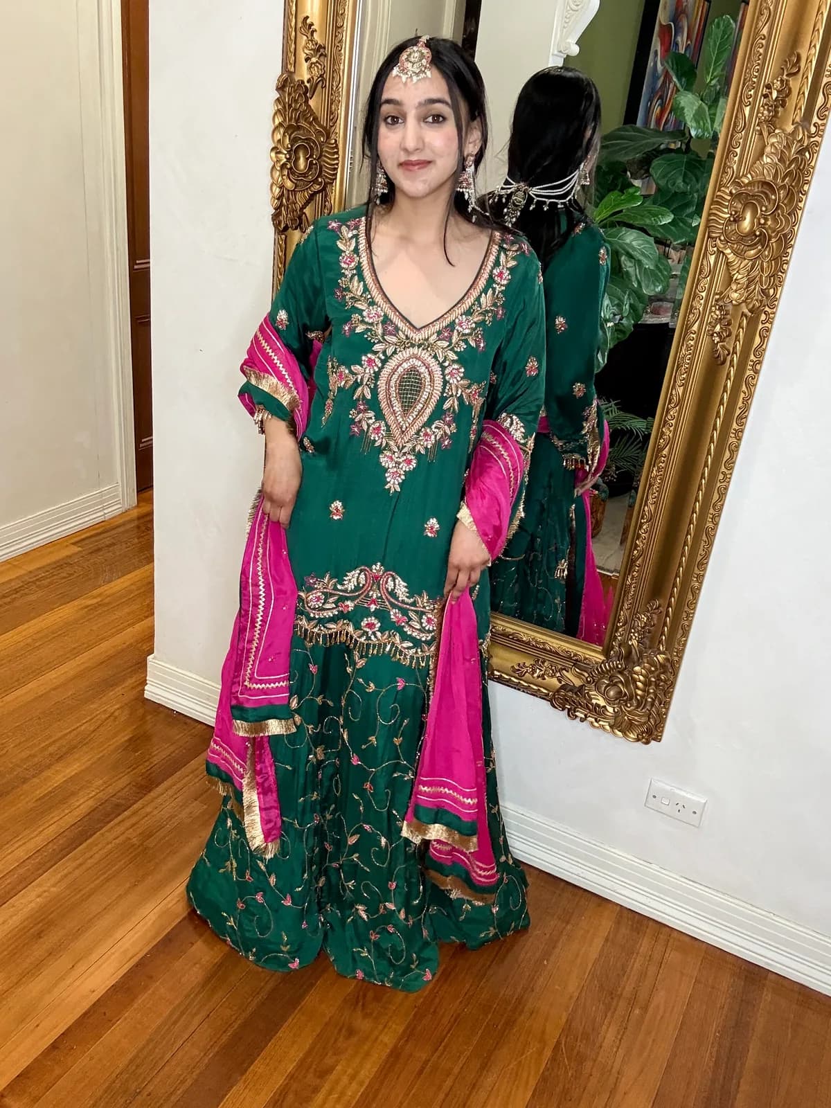 Bottle Green Hand-Embroidered Shirt with Contrast Fuchsia Dupatta front view on model