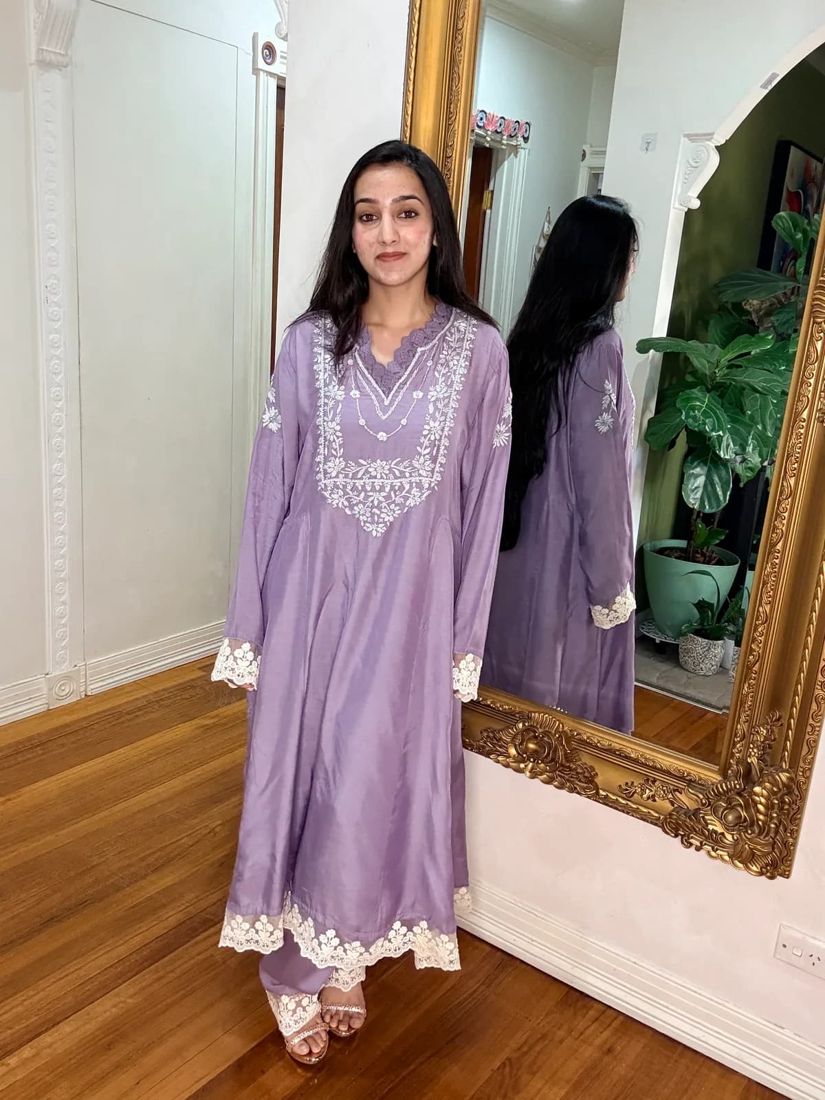Lavender Lucknowi Cotton Silk Kurti with Thread Work front view on model
