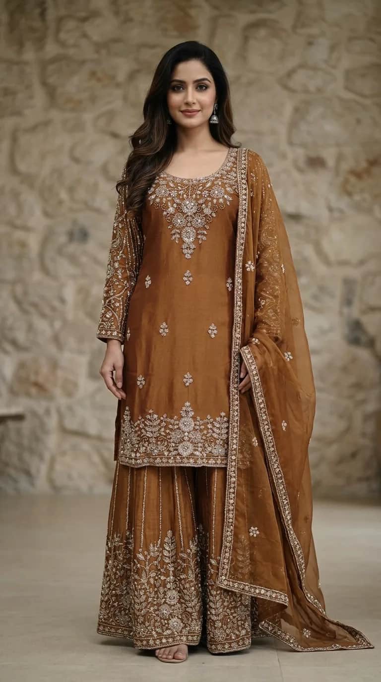Rust Orange Embroidered Kurta with Sharara and Dupatta front view on model