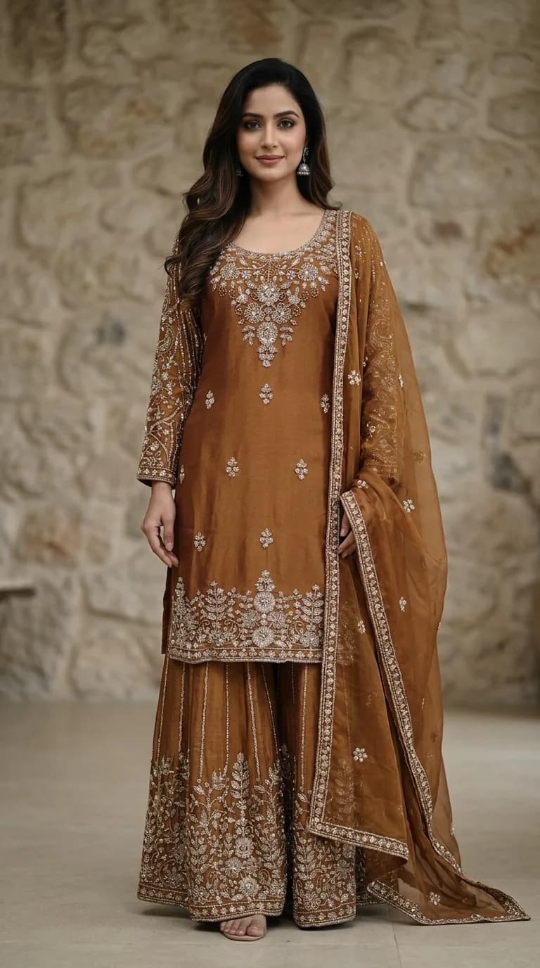 Rust Orange Embroidered Kurta with Sharara and Dupatta front view on model