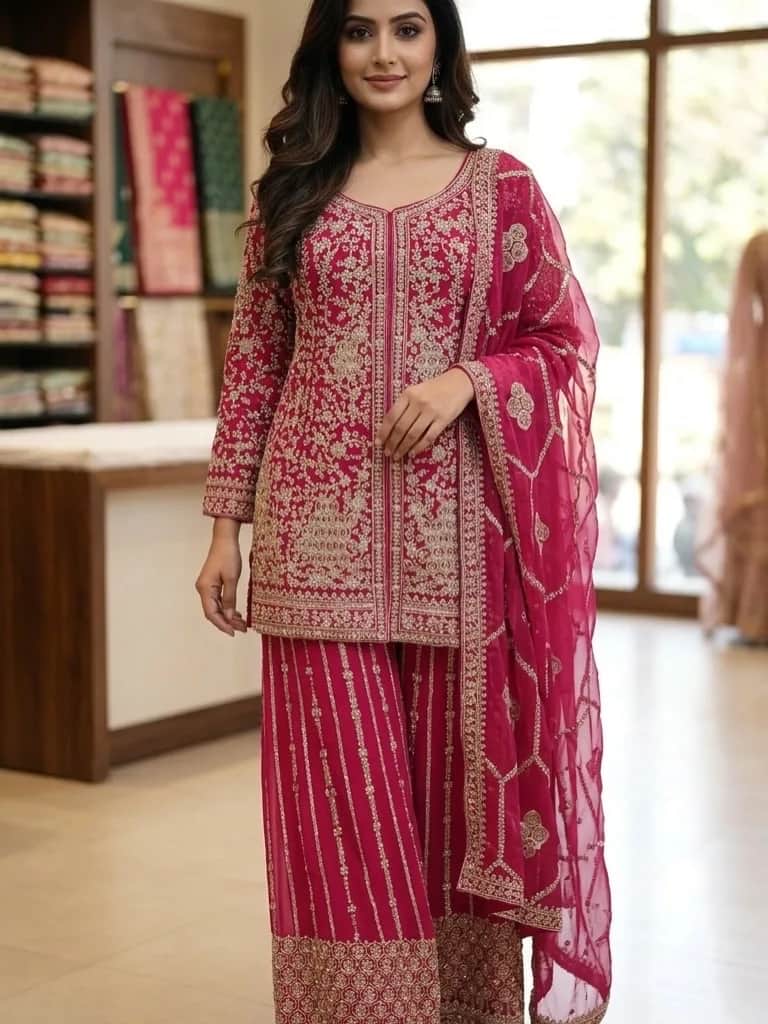 Hot Pink Embroidered Shirt with Sharara and Dupatta front view on model