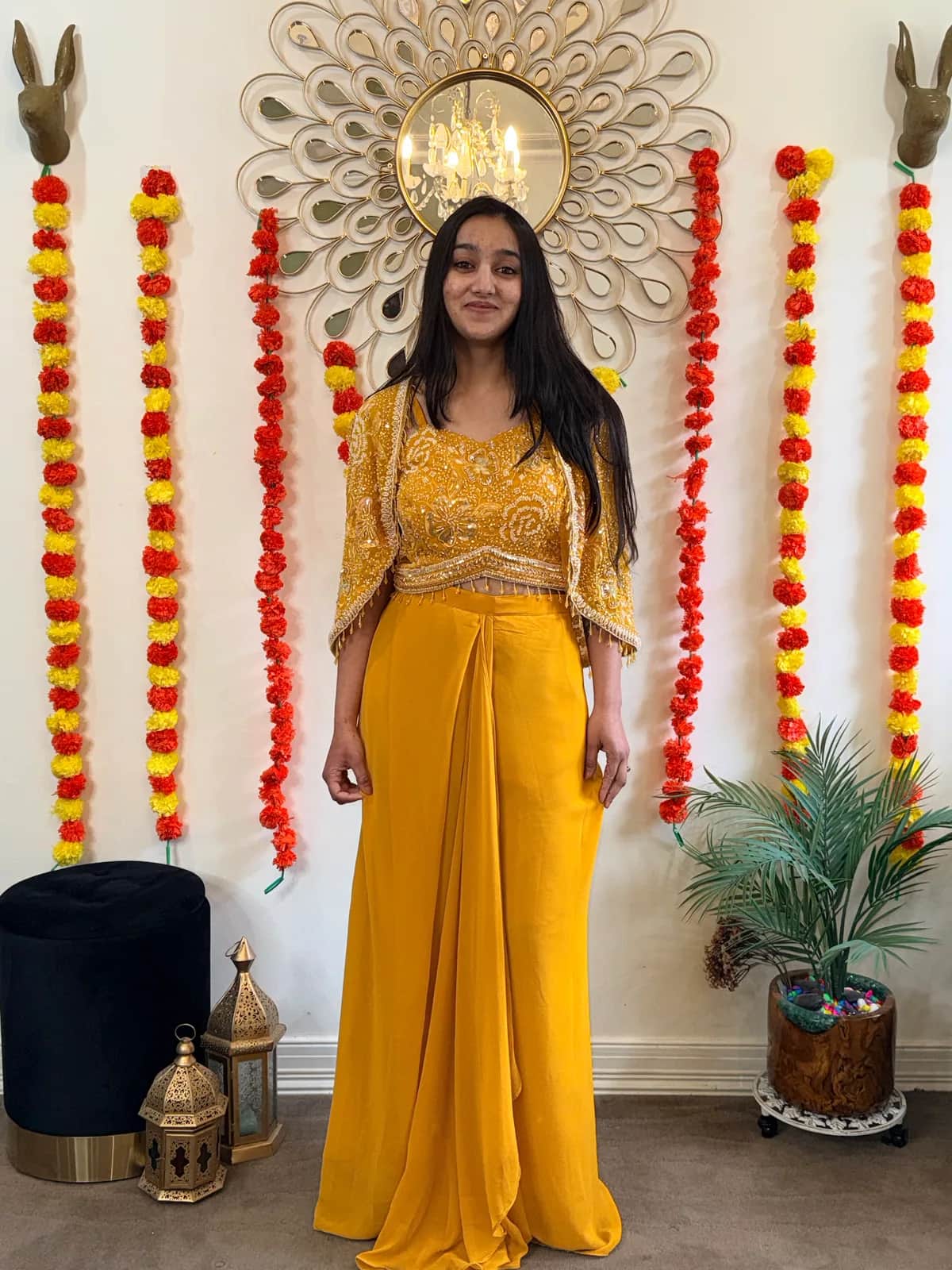 Mustard Crop Top Dhoti Skirt with Embroidered Cape front view on model
